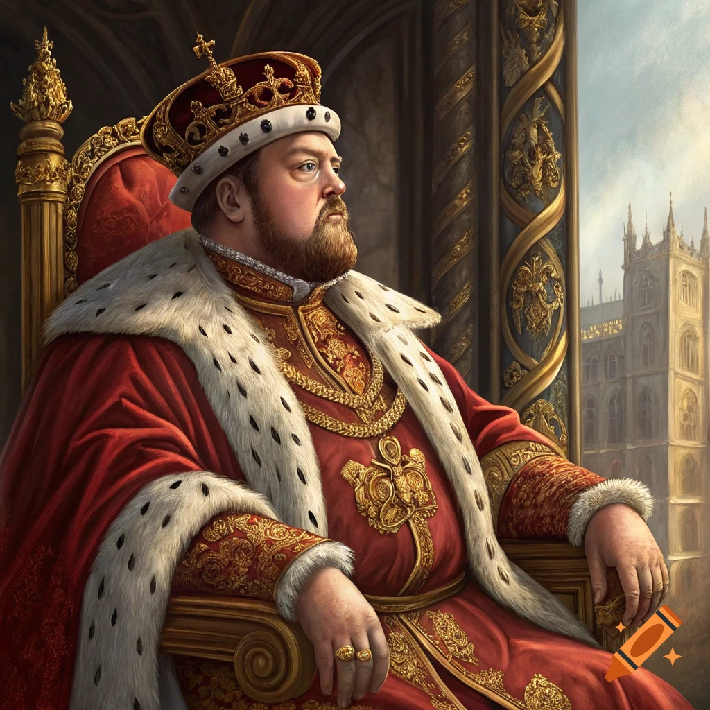 Portrait of a king in royal robes sitting on a throne inside a castle.