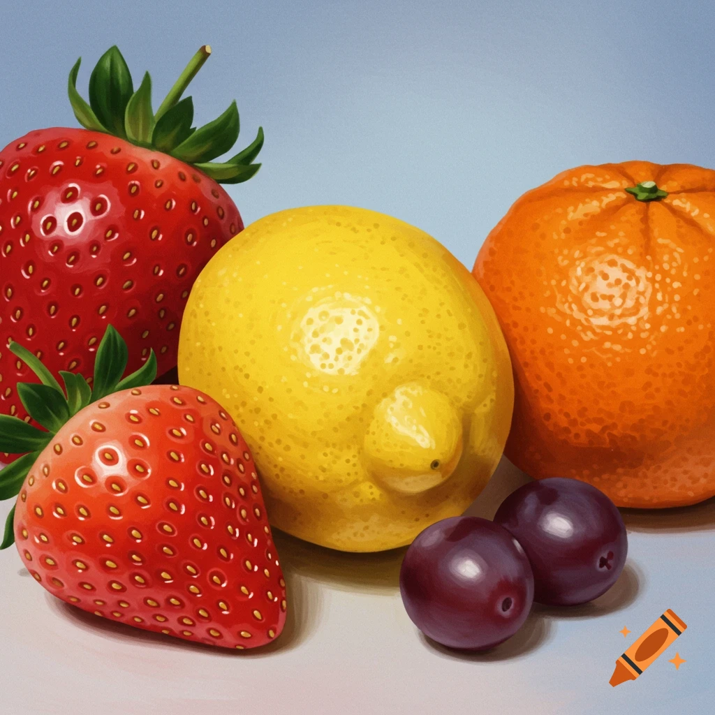 Still life of strawberries, a lemon, an orange, and grapes.