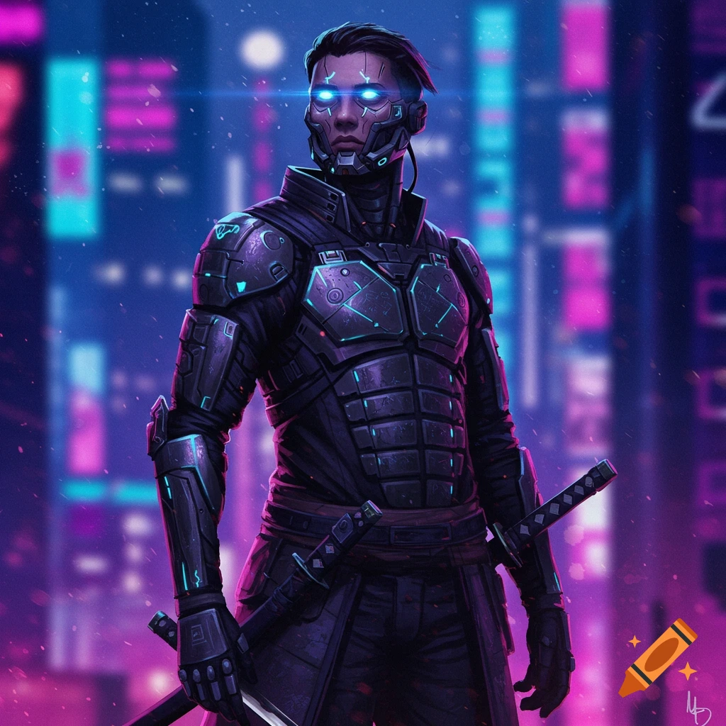 A cyberpunk warrior in armor holding katanas in a neon city at night.