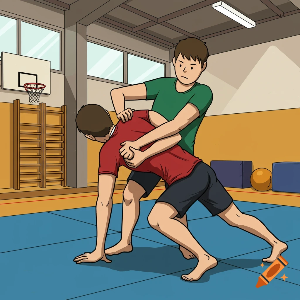 Cartoon illustration of two people grappling in a gym.
