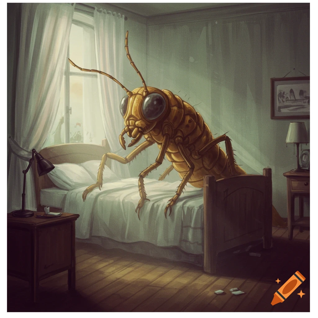 Giant yellow insect stands on a bed in a bedroom.