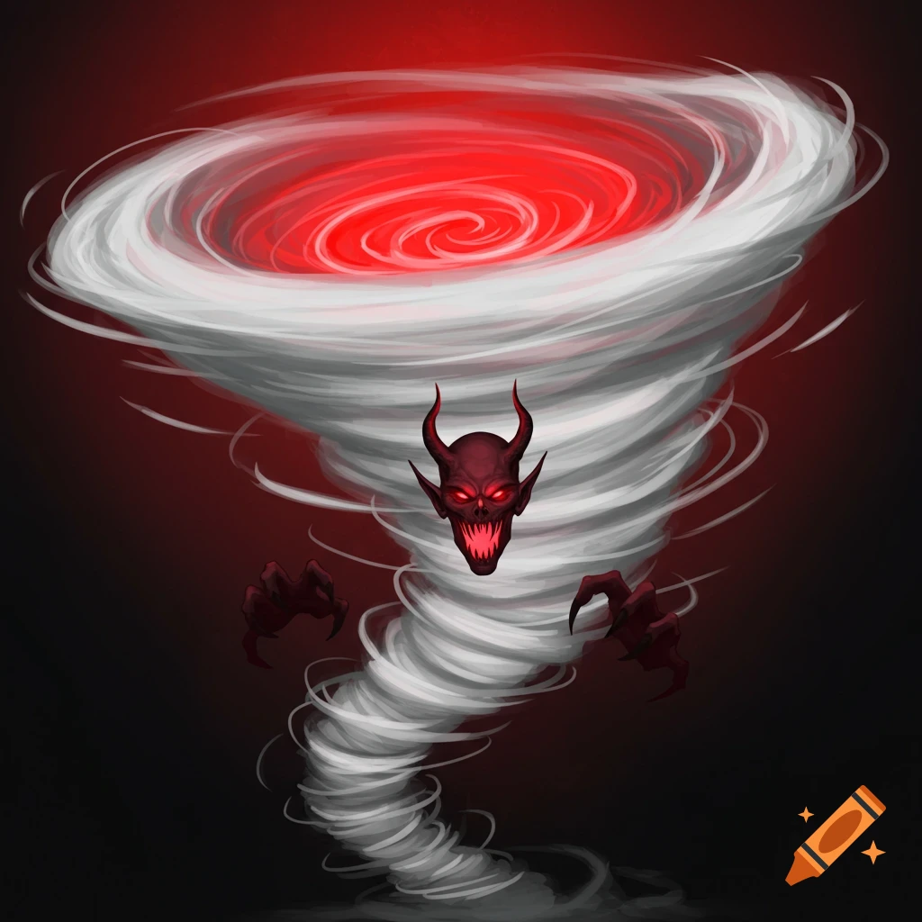 A demon face and claws emerge from a red-lit white tornado.