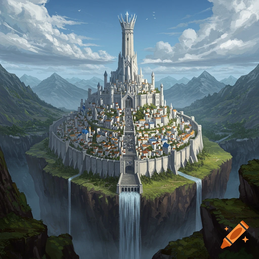 A sprawling fantasy city built on a massive cliffside plateau with waterfalls and mountains.