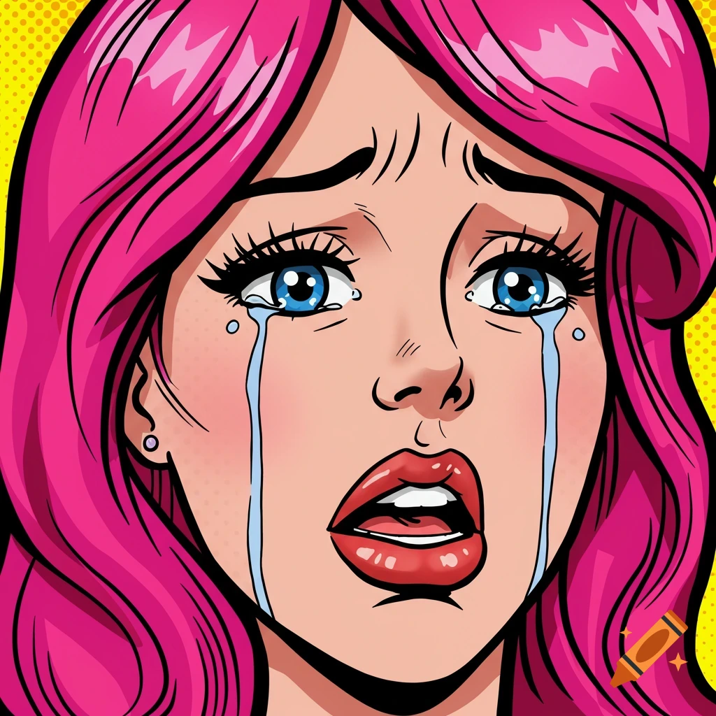 Pop art close-up of a girl with pink hair crying, tears streaming down her face on a dotted yellow background.