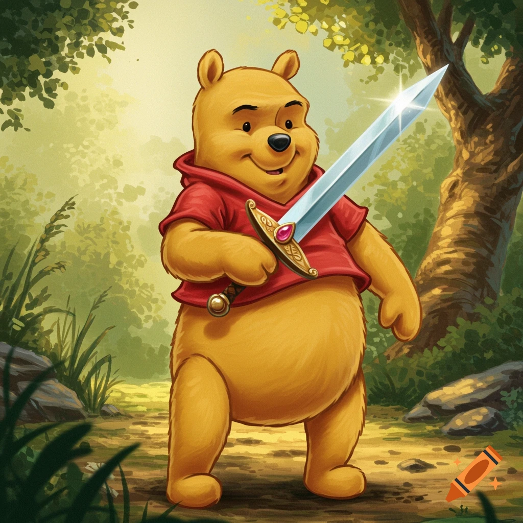 Winnie the Pooh holds a shining sword in a forest, cartoon style