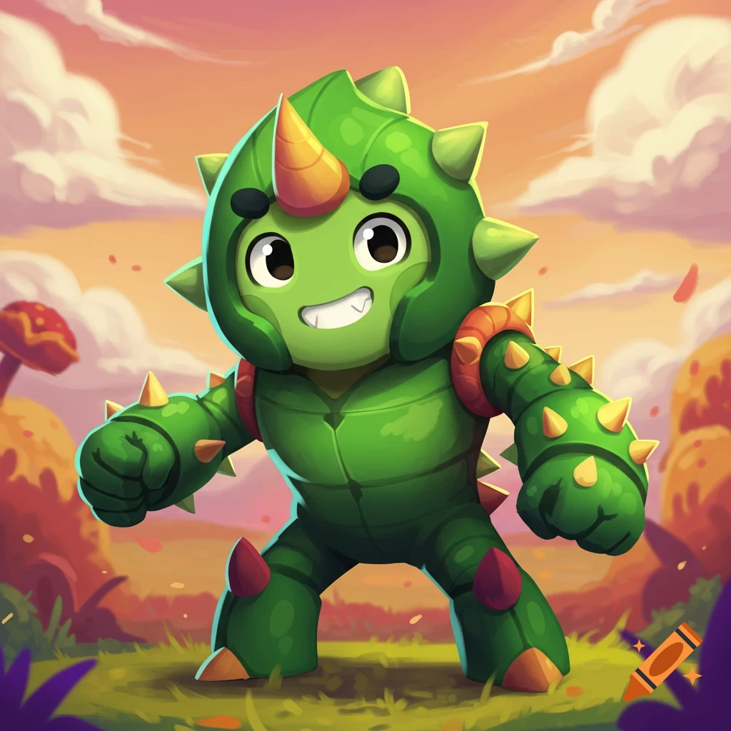 Cartoon character wearing green spiky armor in a fantasy landscape