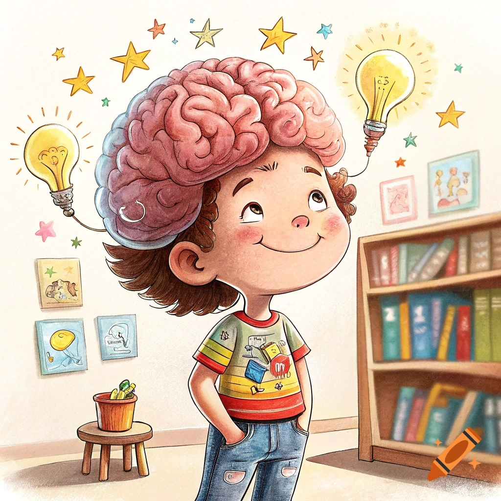 Cartoon illustration of a child with a large brain and lightbulbs, representing ideas, standing near a bookshelf.