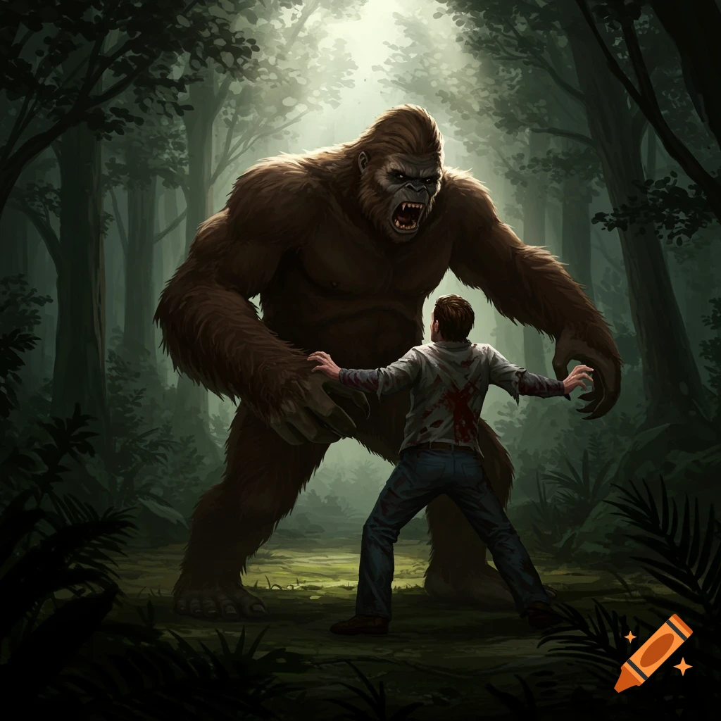 Bigfoot attacking a man in a dark forest.