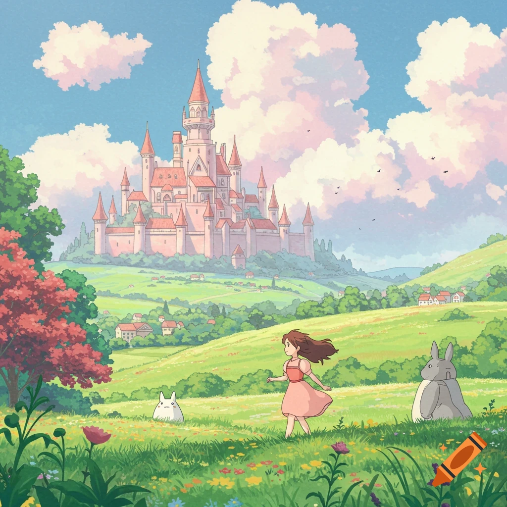 Anime style landscape with a girl, two large furry creatures, and a pink castle on a hill.
