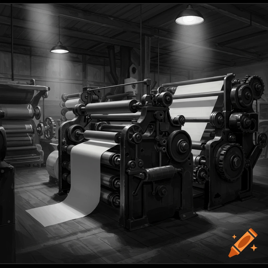 Black and white image of old industrial paper making machinery