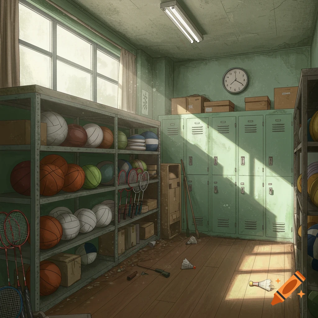 A school gym storage room is filled with shelves of sports equipment, lockers, and sunlight streaming through a window.