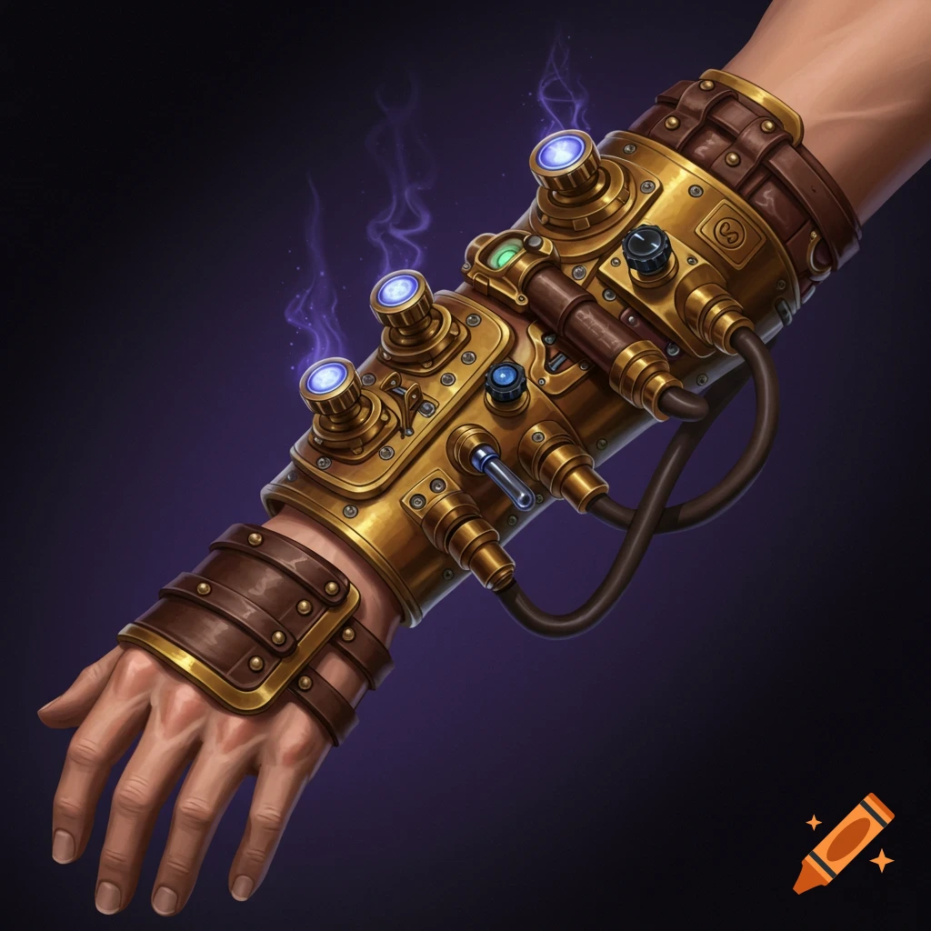 A steampunk-style arcane artificer control device on a forearm.