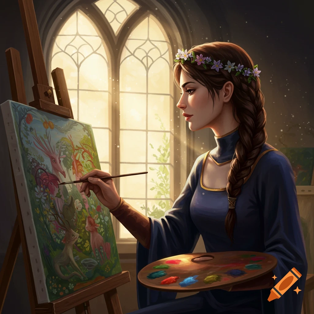 A medieval woman in a blue dress paints fantastical creatures on a canvas by a large arched window.