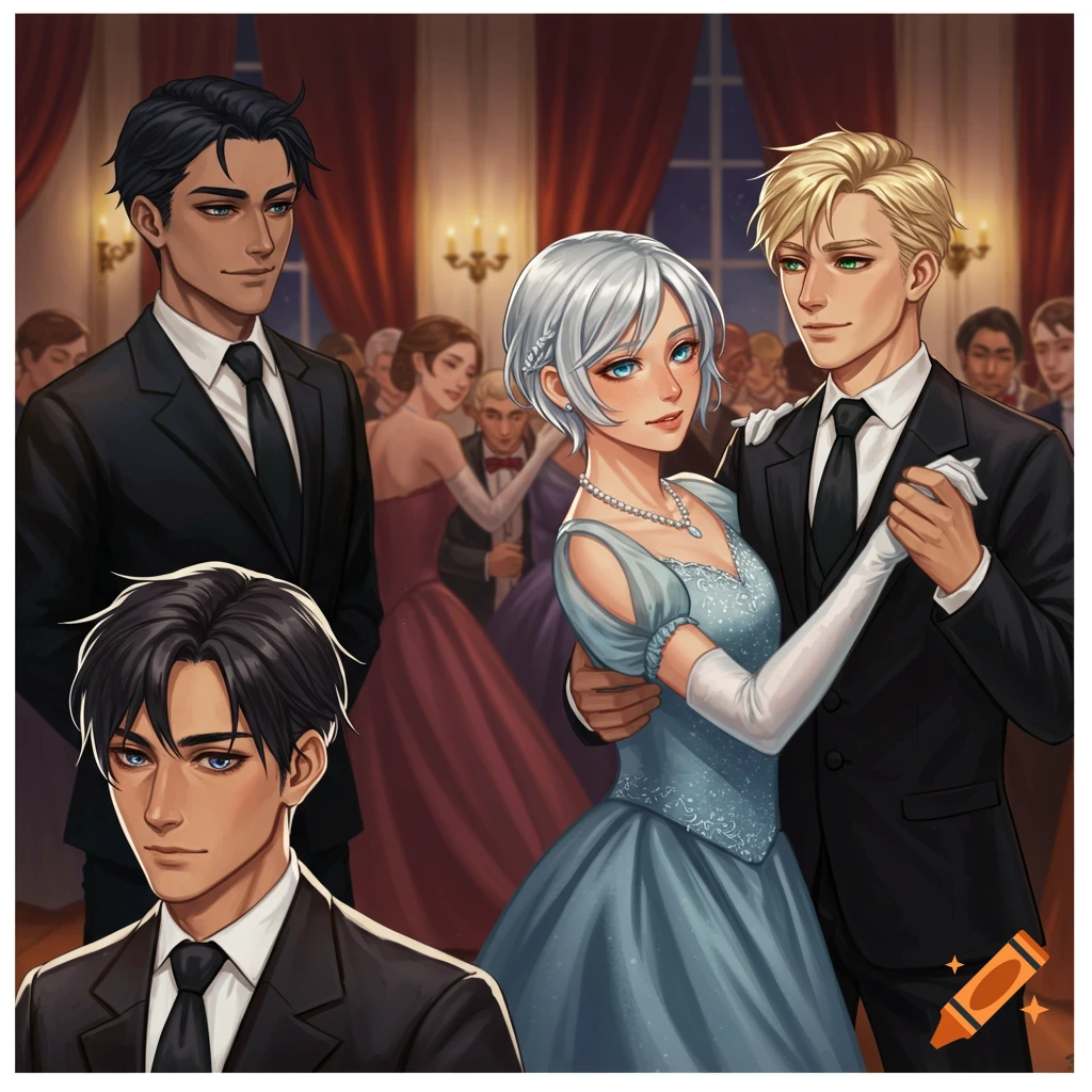 Anime style of couples dancing in a ballroom, with one man watching.