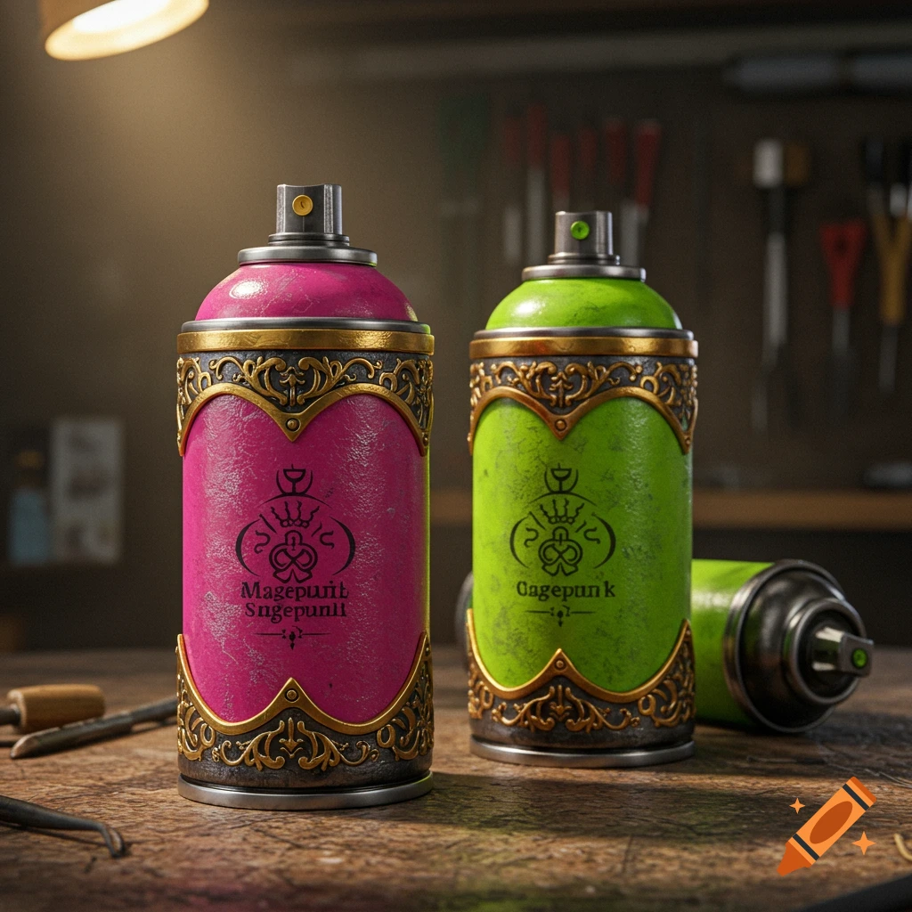Two decorated Magepunk spray cans, pink and green, on a workbench