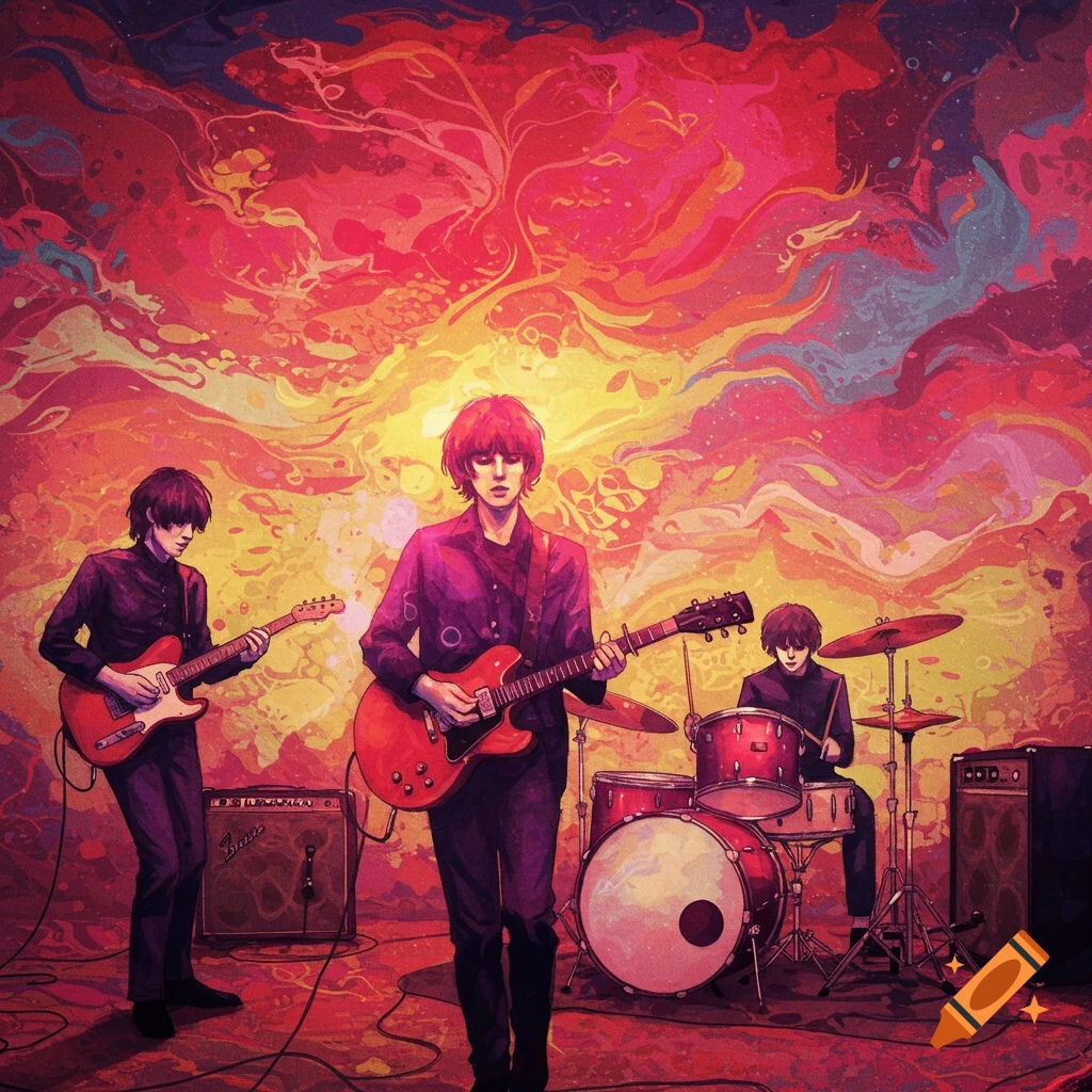 A band playing instruments on stage against a vibrant abstract background.