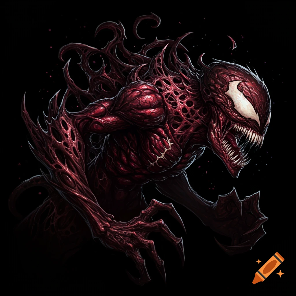 A red symbiote monster with tendrils and sharp teeth