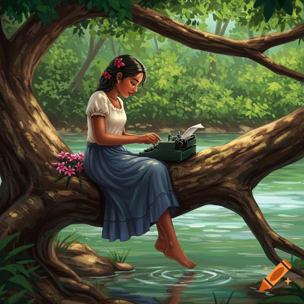 A woman is sitting on a tree branch over a river, typing on a typewriter.