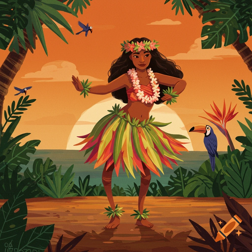 Illustration of a hula dancer in a tropical setting at sunset.