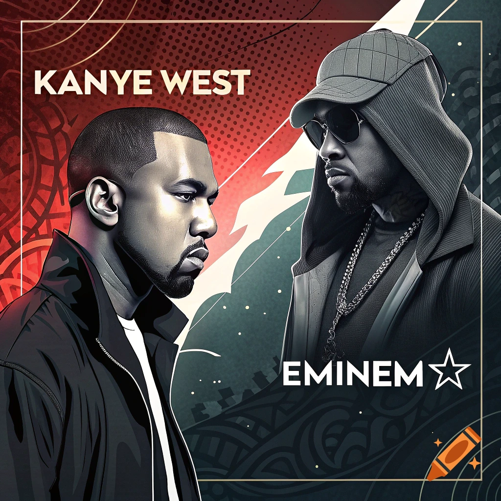 Stylized graphic art album cover featuring portraits of Kanye West and Eminem