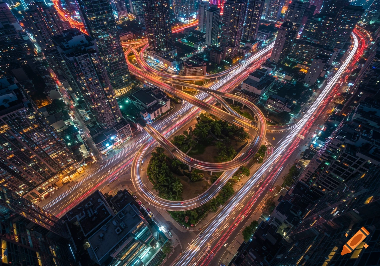 Aerial view of a city highway interchange at night with long exposure light trails.