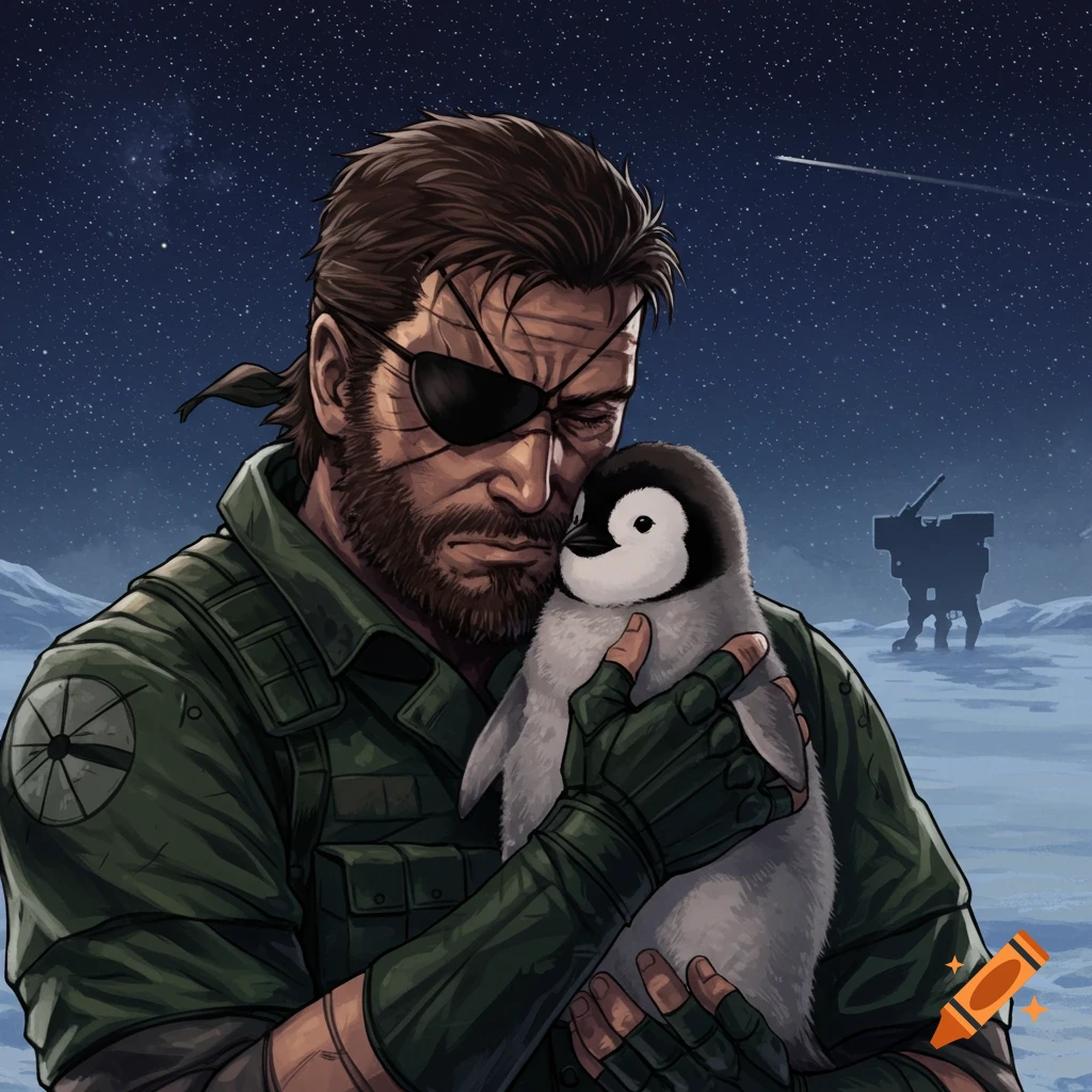 Big Boss from Metal Gear holds a penguin in a snowy landscape under a starry sky.
