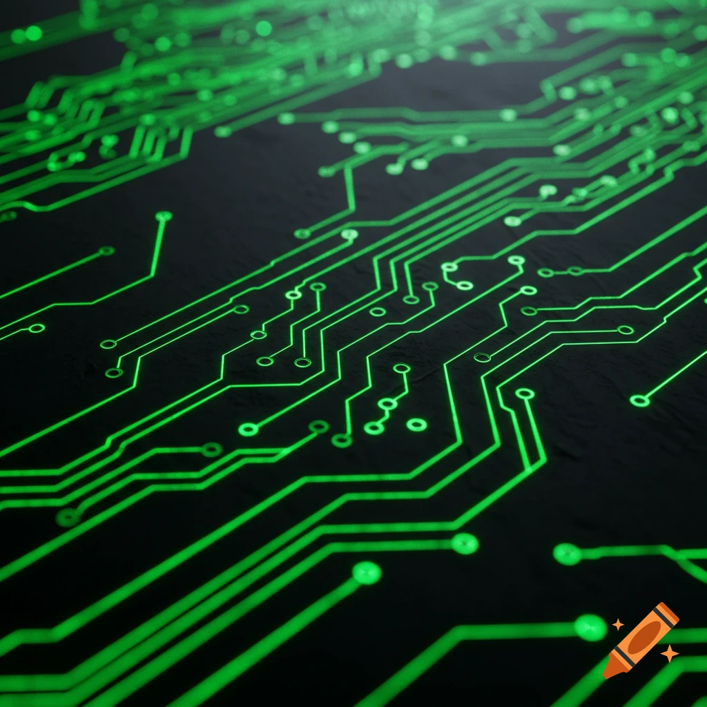 Close-up of glowing green circuit board lines and dots on a dark background.