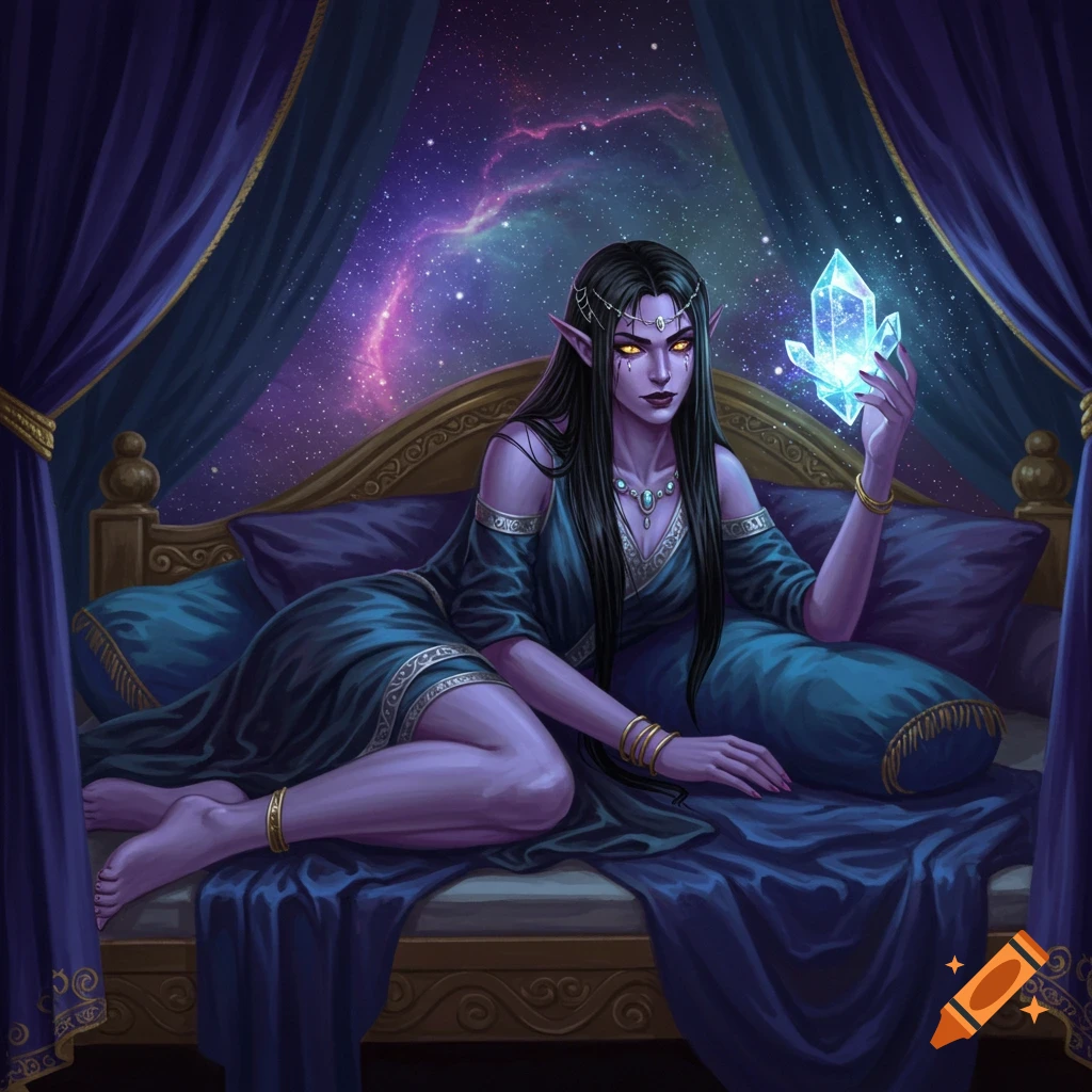 A purple-skinned dark elf woman with long dark hair lies on a large bed, holding a glowing blue crystal against a starry sky.