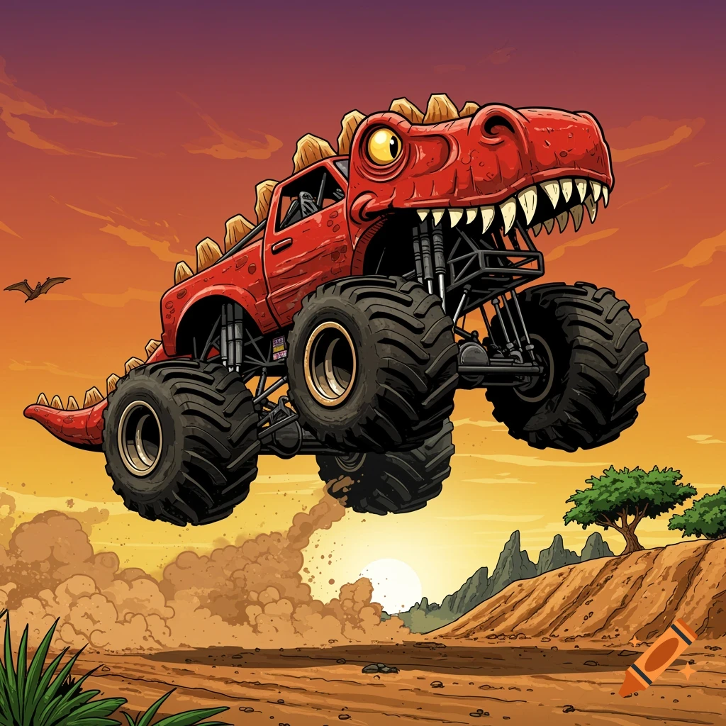 A red dinosaur monster truck jumps over a dusty landscape at sunset in comic book style.