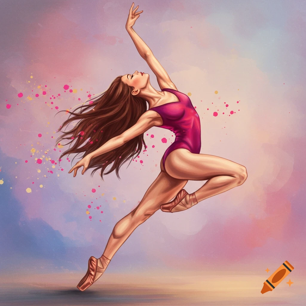 A ballerina is leaping against a pastel background with paint splatters.