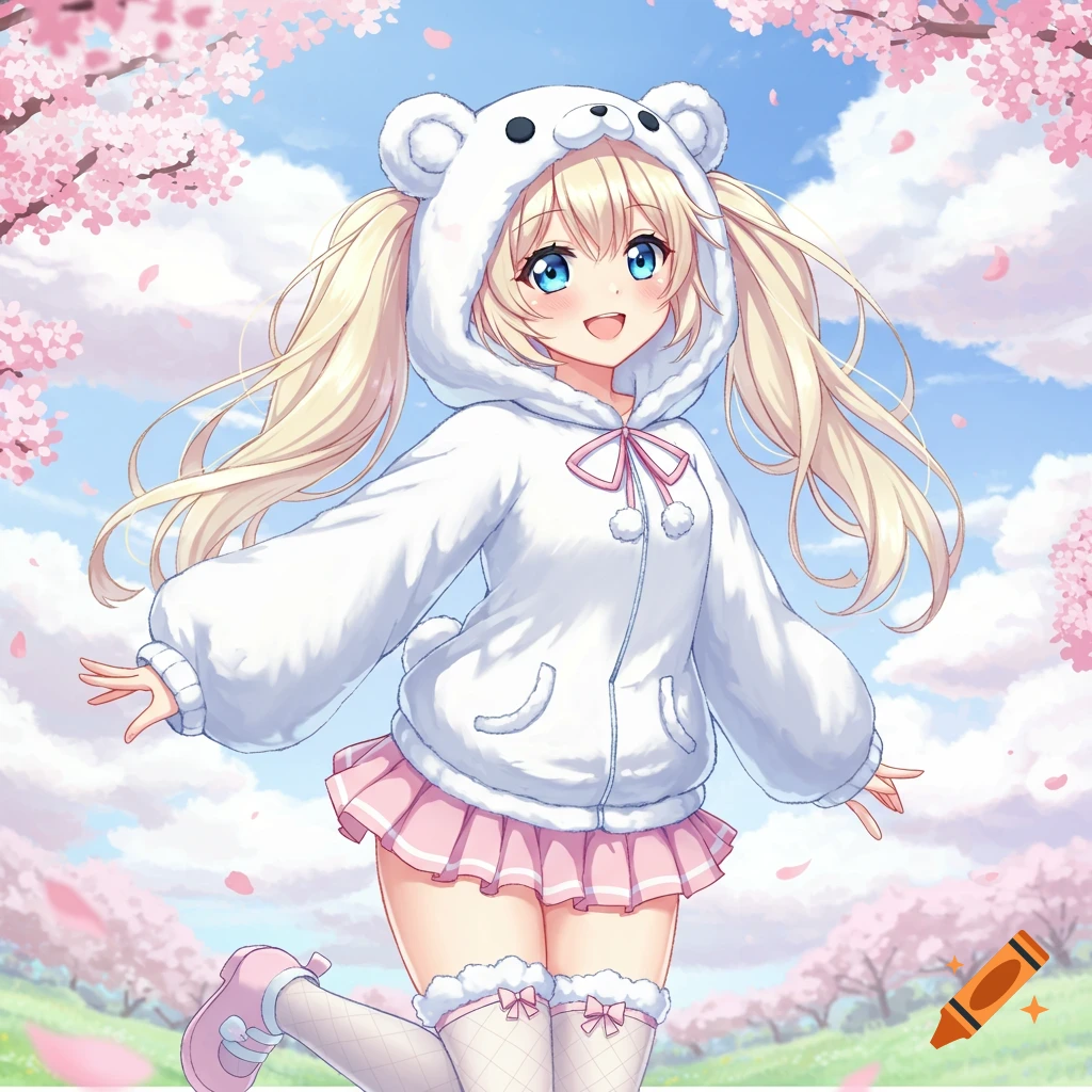 An anime girl with blonde hair and blue eyes wears a white bear hoodie and pink skirt in a cherry blossom field.