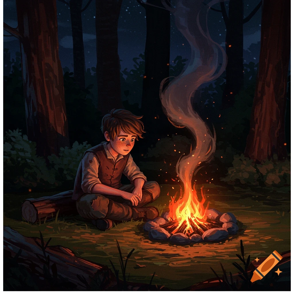 A young boy sits by a campfire in a dark forest clearing under a starry sky.