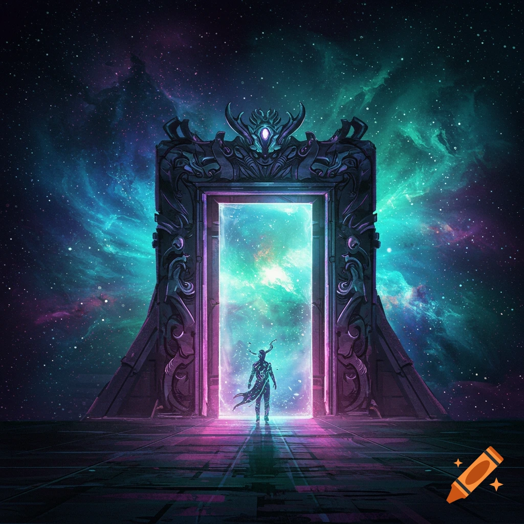 A figure stands before a glowing portal in a dark space with vibrant nebulas and stars.