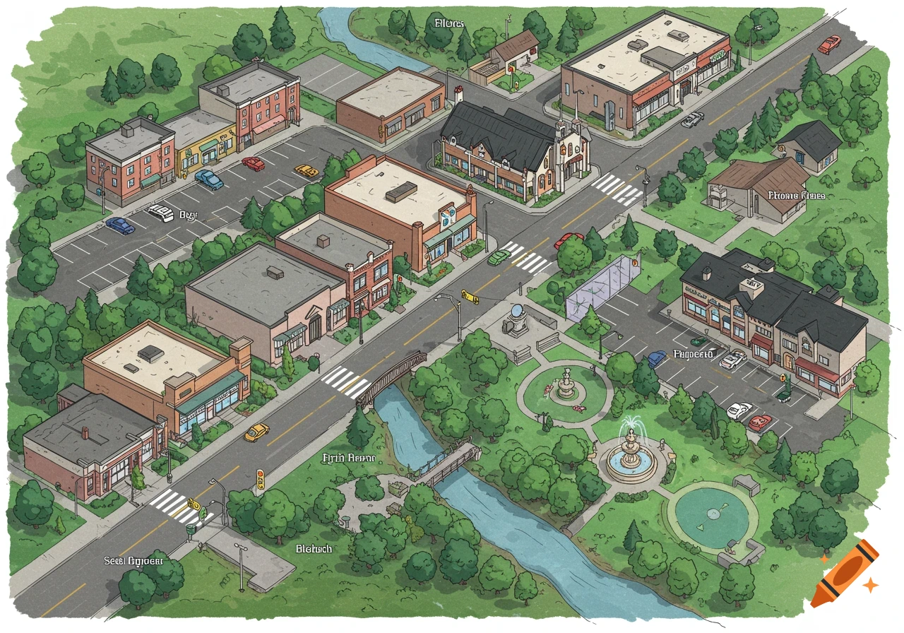 Plan view illustration of a small town with stores, creek, church ...