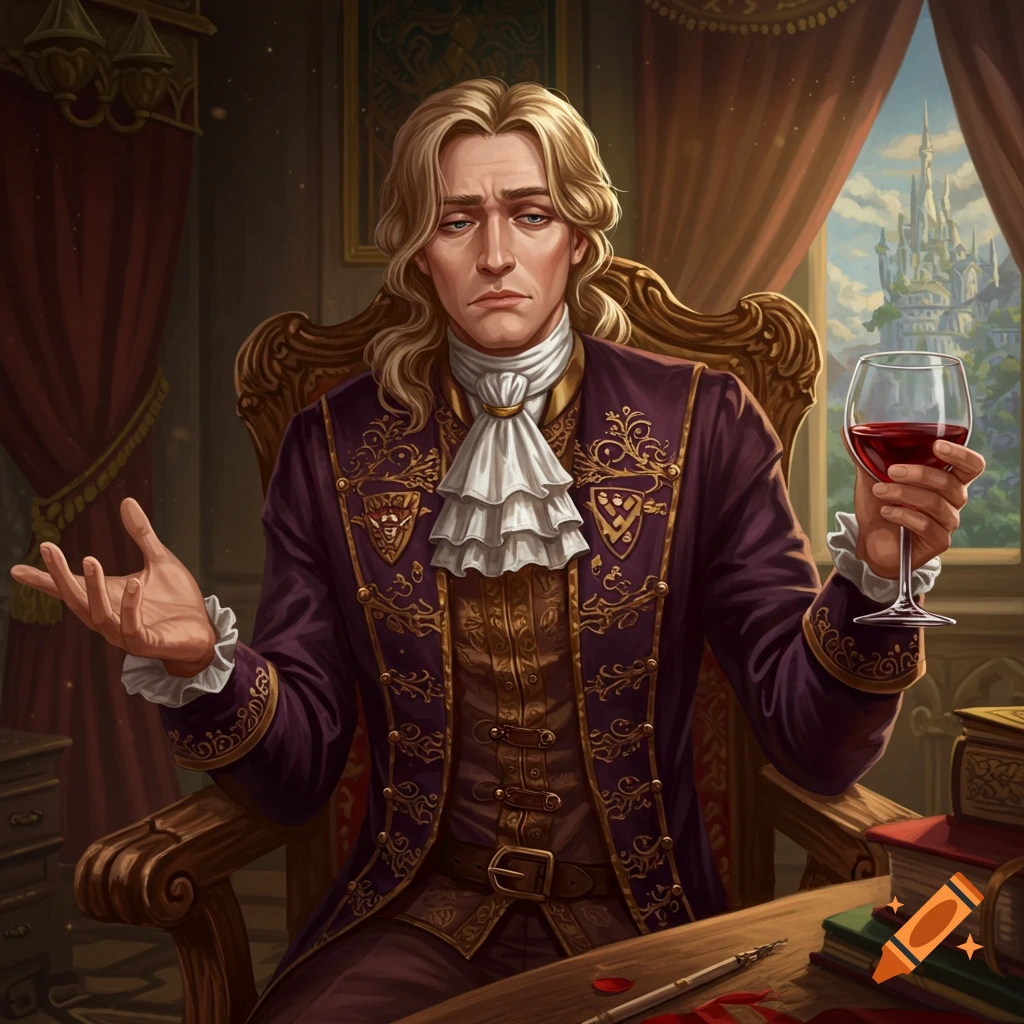 Painting of a fantasy male aristocrat holding a wine glass, sitting at a desk, with a castle in the background.