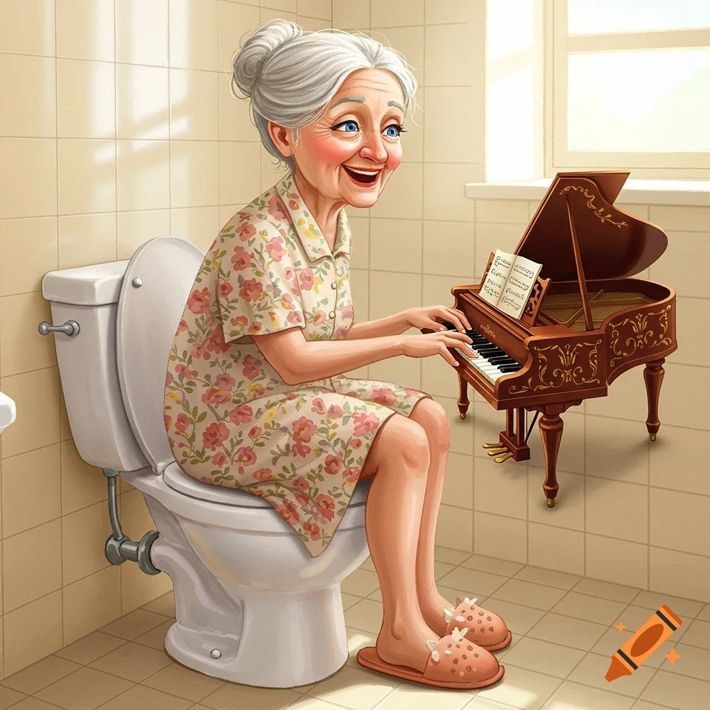 An elderly woman is sitting on a toilet playing a miniature grand piano in a bathroom.