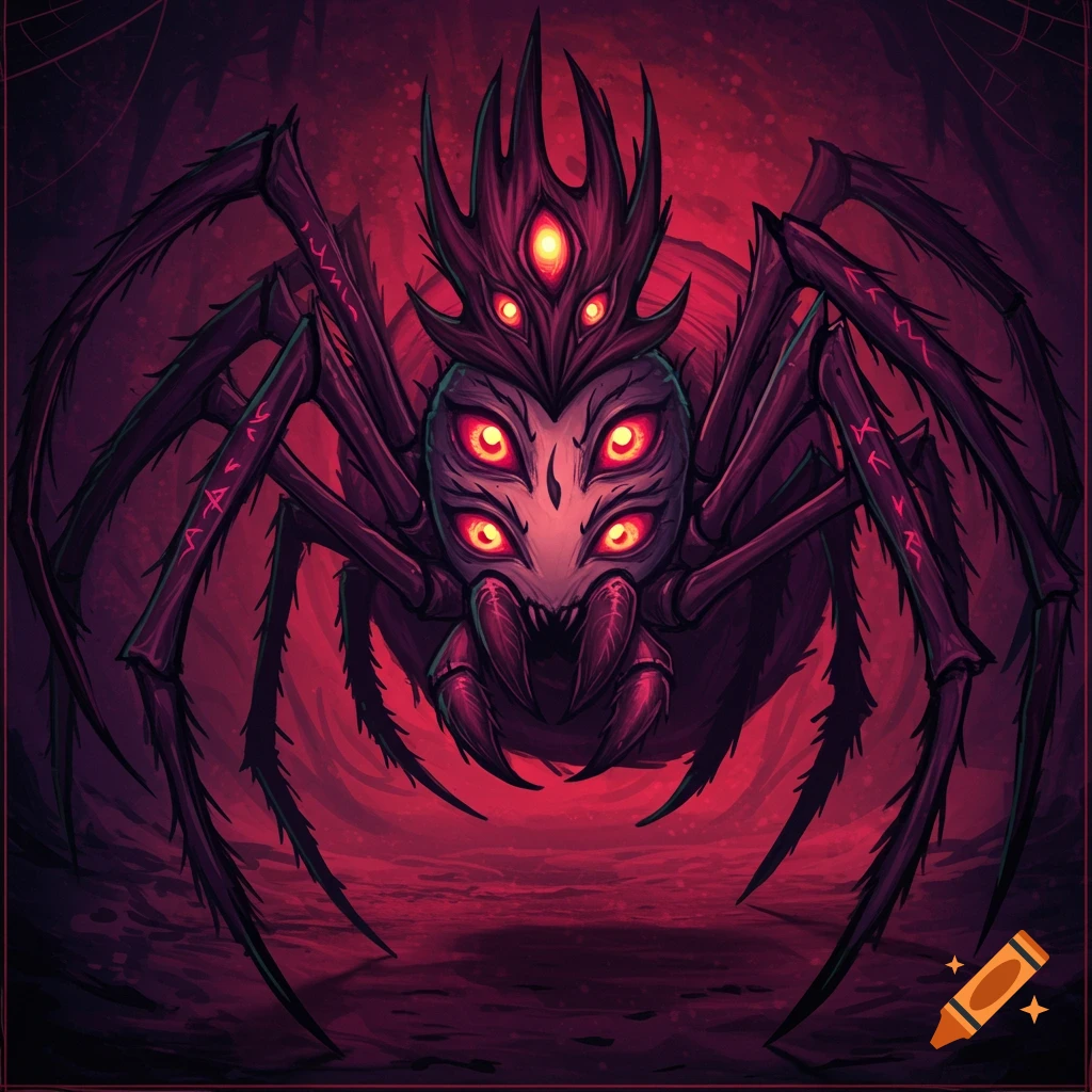 A purple spider monster with many glowing red eyes and a spiky crown in a red cave.