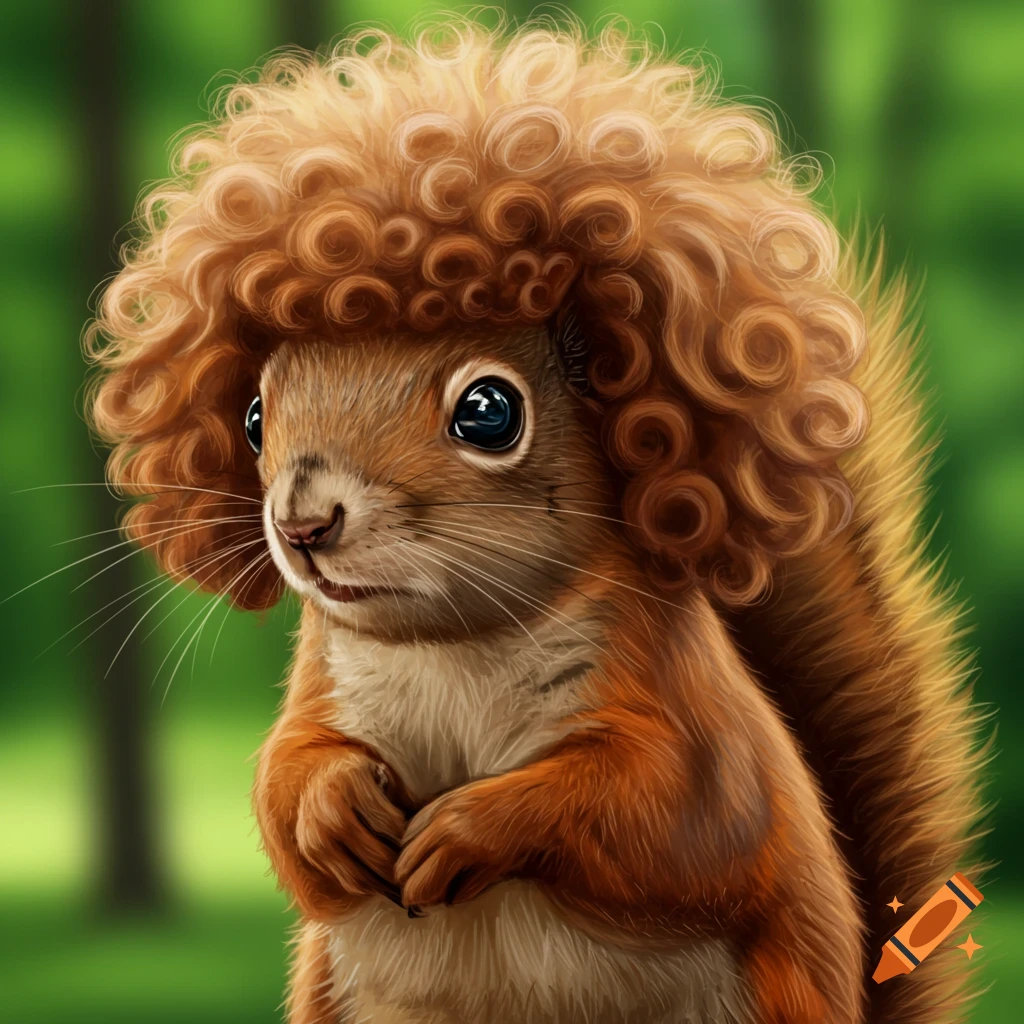 A squirrel with a curly, perm-like hairstyle.