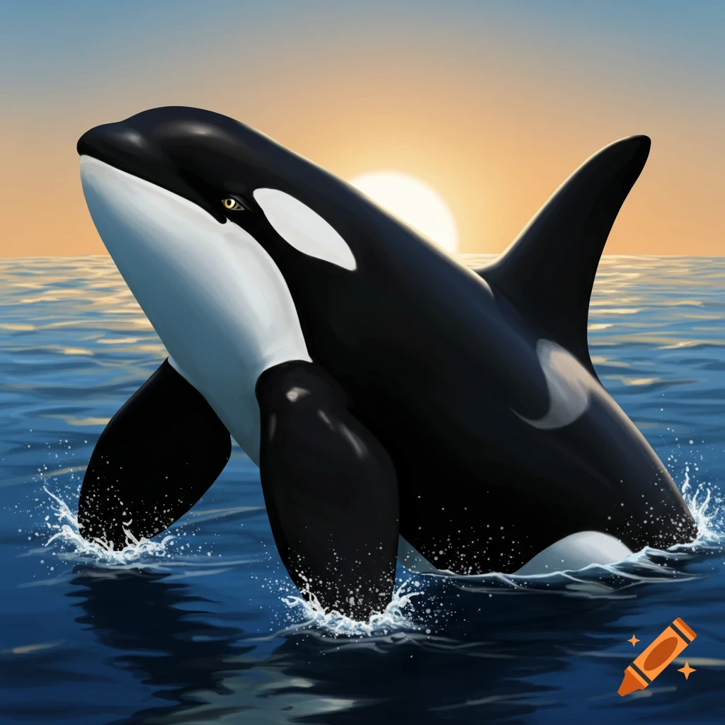 an orca breaching at sunset