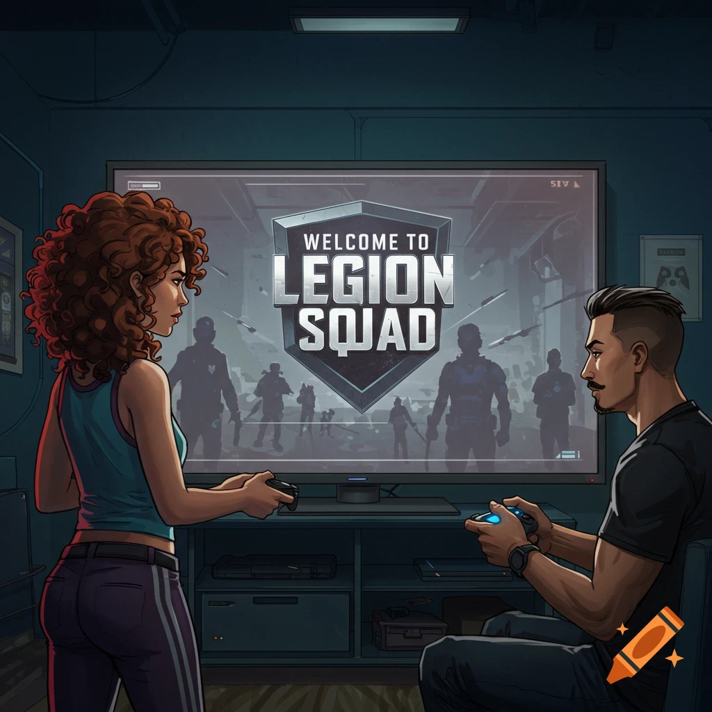 Two people playing a video game on a TV screen showing the title 'Welcome to Legion Squad'. Digital art style.