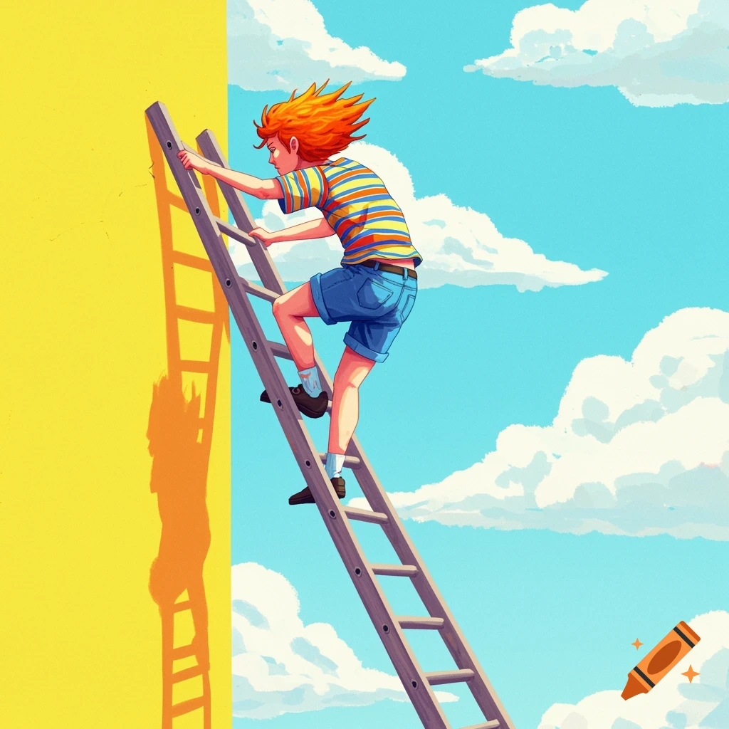 Person with orange hair climbs a ladder precariously against a yellow wall under a blue sky.