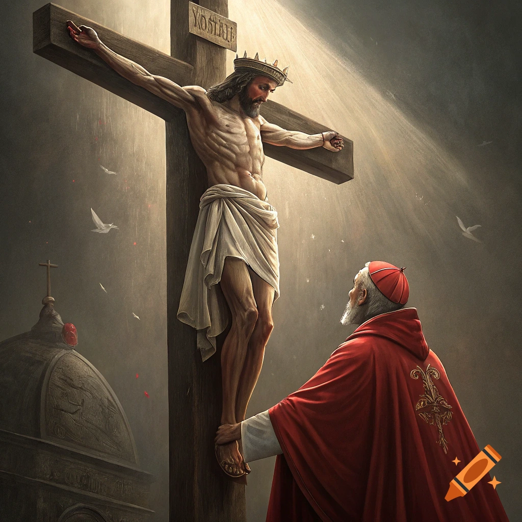 Painting of Jesus on the cross with a cardinal kneeling below