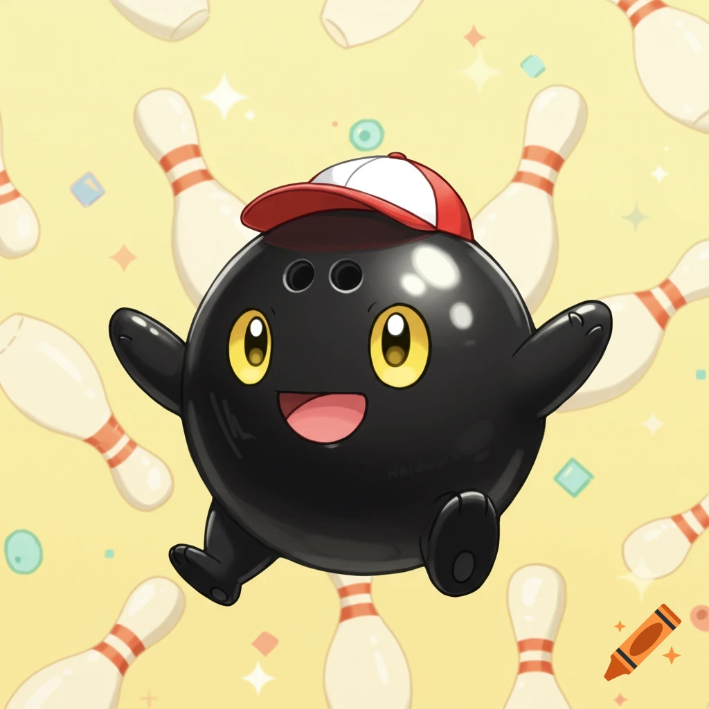 A cartoon bowling ball character with eyes, mouth, arms, feet, and a baseball cap is surrounded by bowling pins and sparkles on a yellow background.