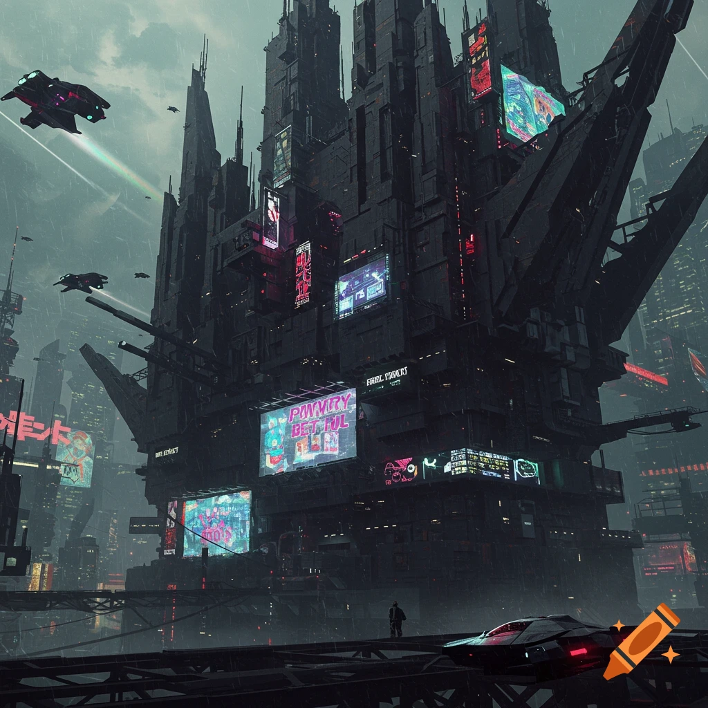 A large cyberpunk fortress-like building with screens stands in a futuristic city with flying vehicles.