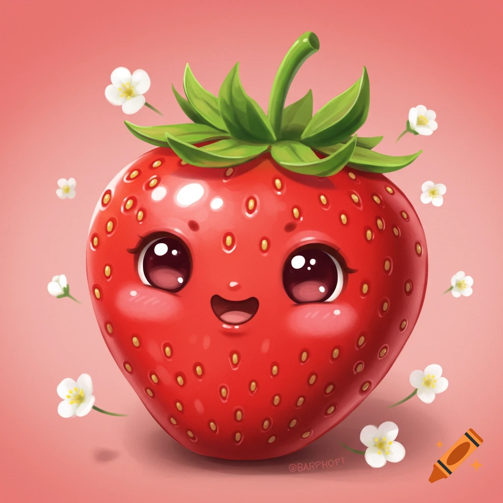 A cute, smiling strawberry character is surrounded by small white flowers.