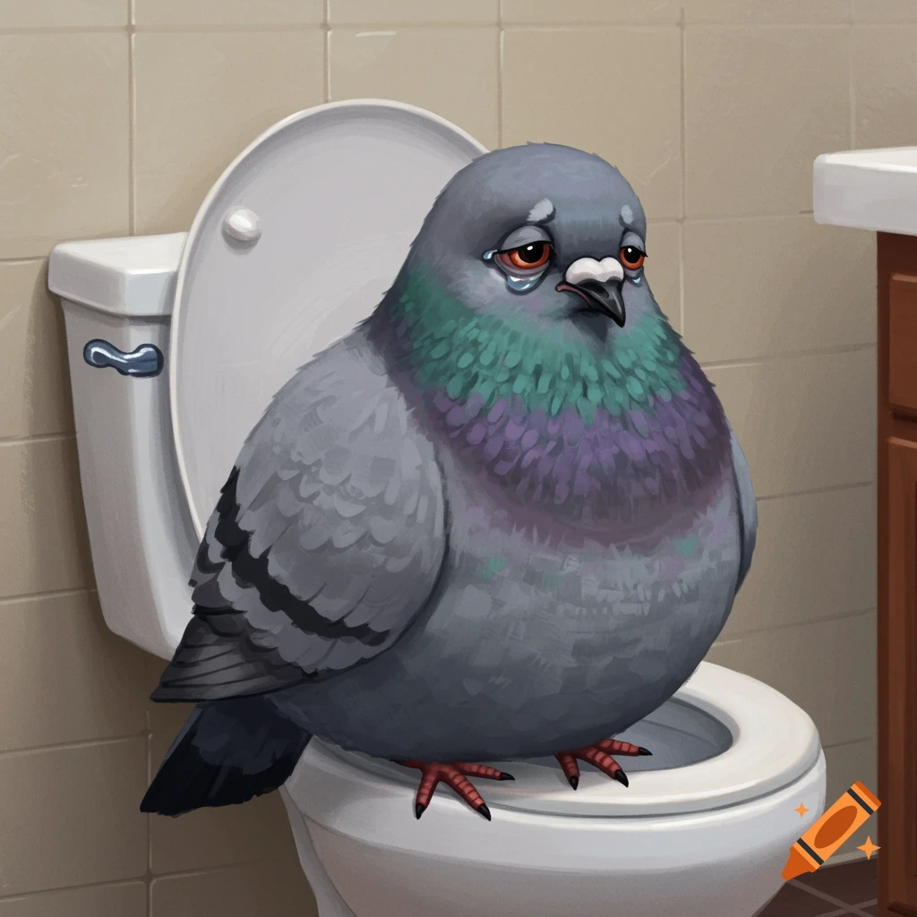 A sad cartoon pigeon sits on a toilet in a bathroom.