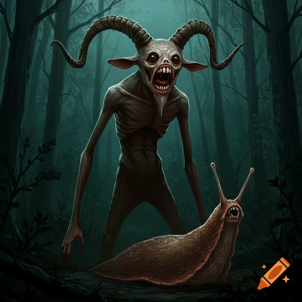 A skeletal, goat-headed creature with long arms stands over a large, monstrous slug in a dark forest.