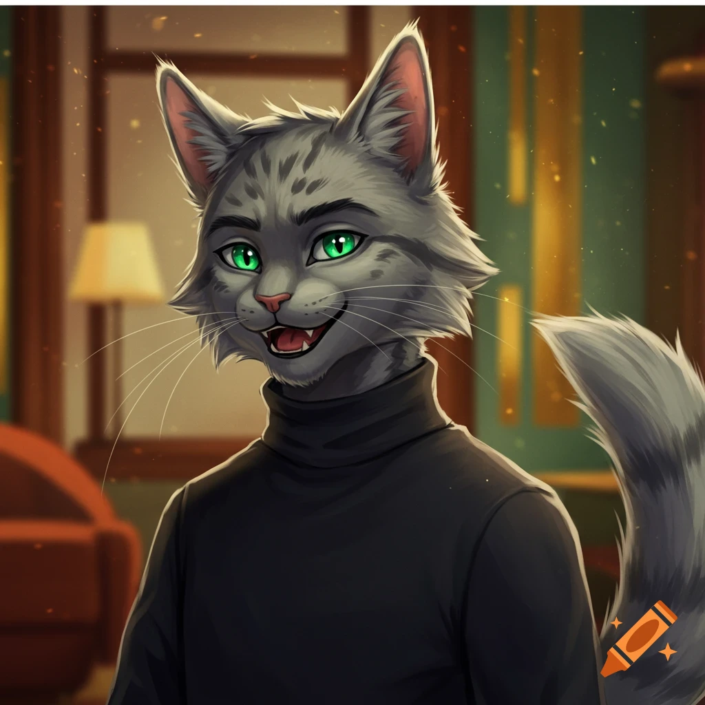 A gray anthropomorphic cat with green eyes wearing a black turtleneck.
