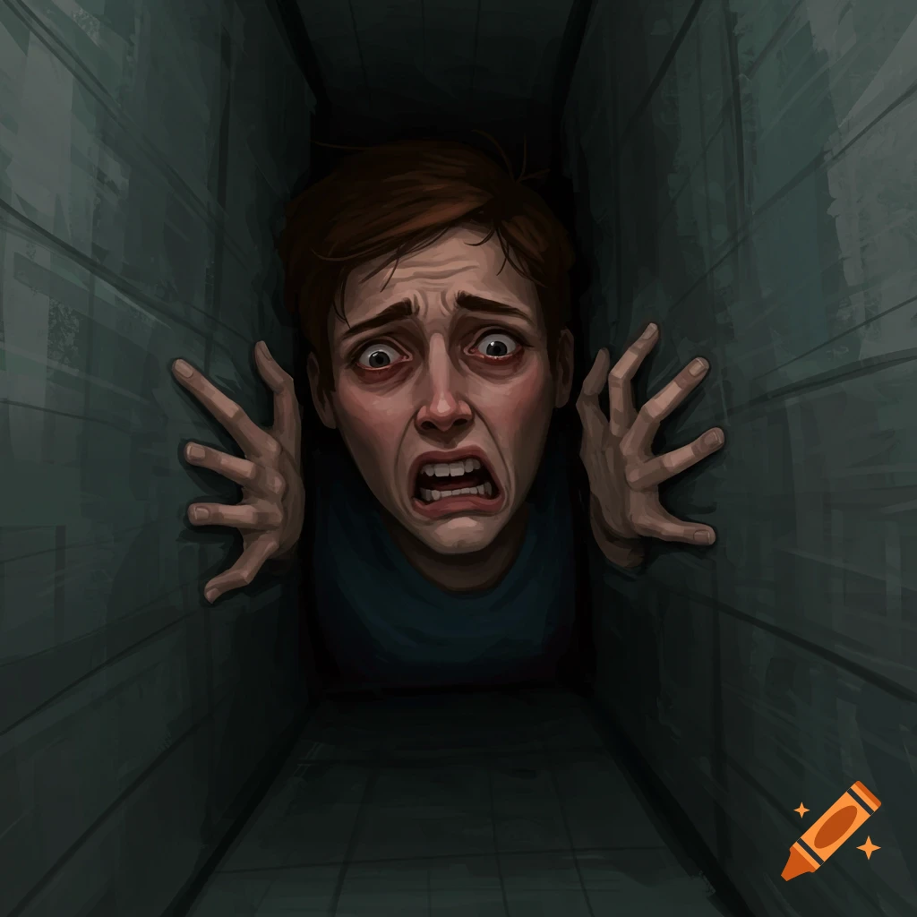 A terrified person trapped in a dark, narrow passage.