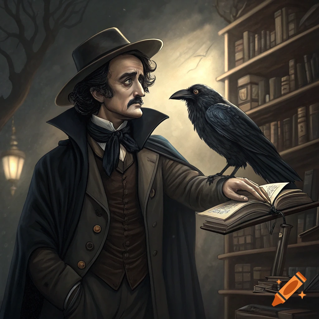 Edgar Allan Poe stands with a raven perched on his hand, resting on an open book.